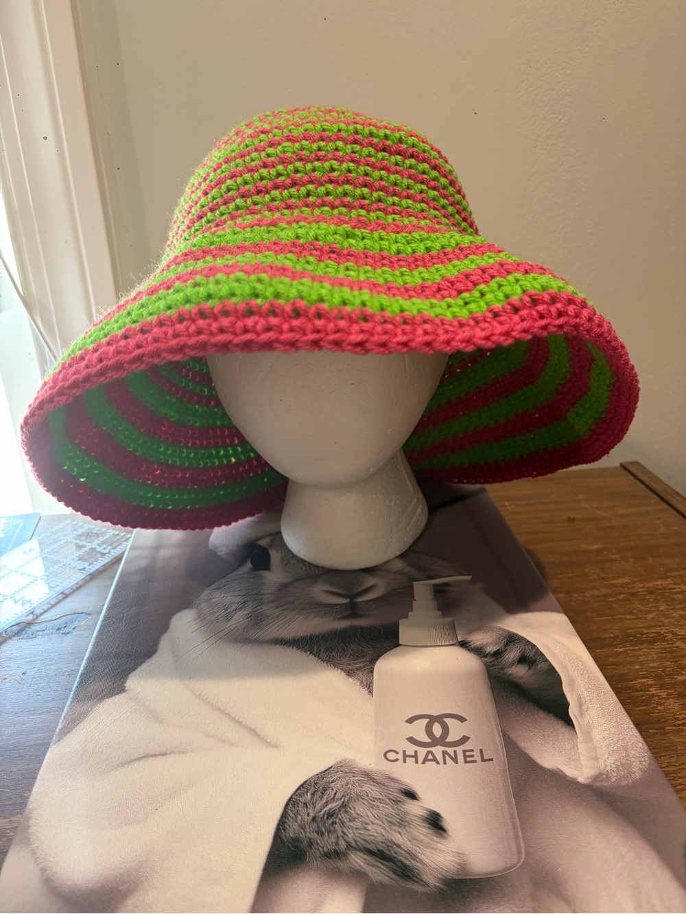 Handmade Crochet Bucket Hat Pink & Green Striped Summer Beach Sun Hat - Picture 2 of 4